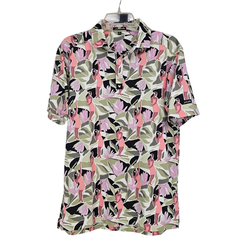 Bad Birdie Lelani Golf Polo Shirt M Pink Green Hula‎ Girl Performance Stretch